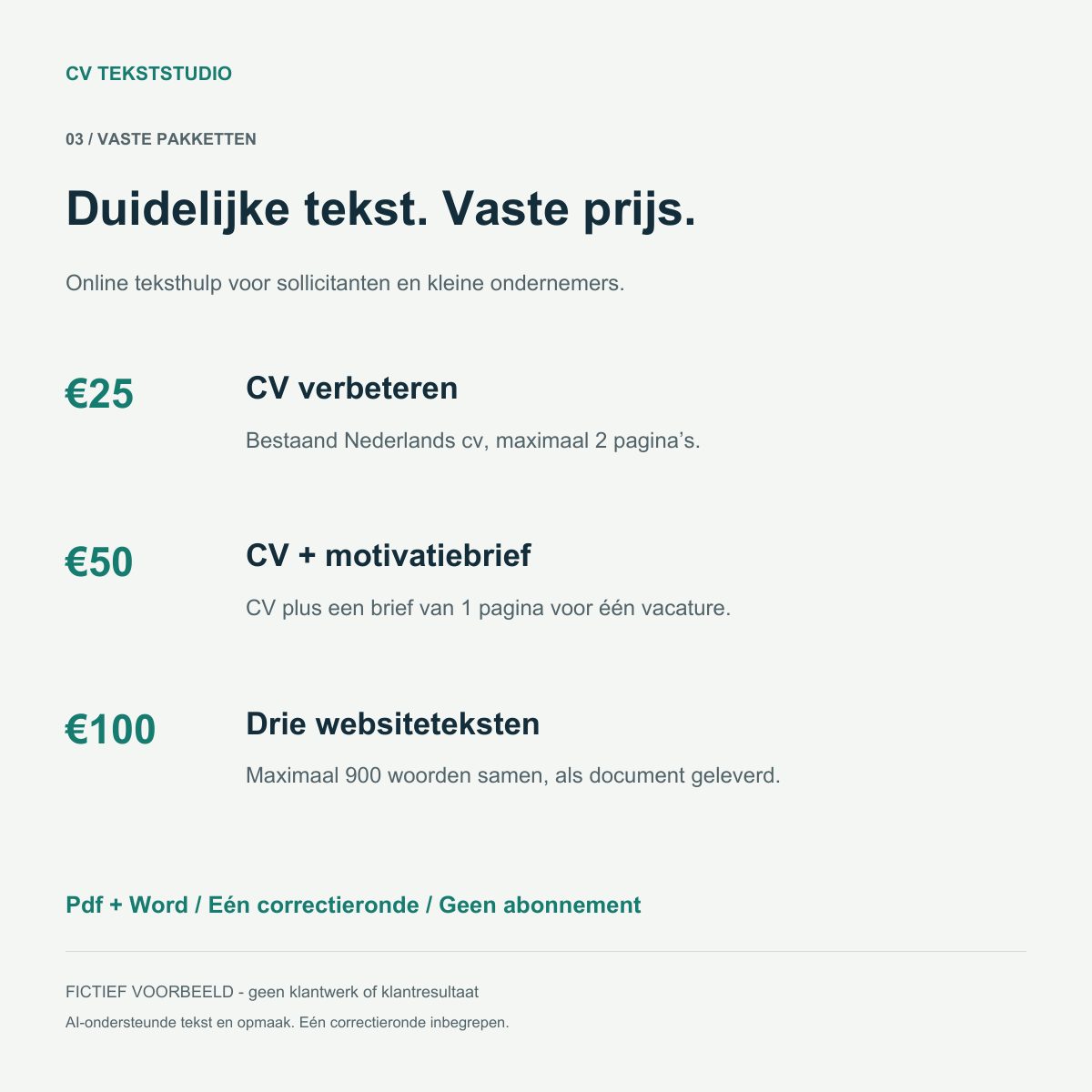 Teksthulp: CV €25, sollicitatiepakket €50, websitetekst €100