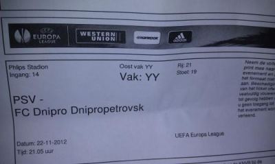 2 TICKETS UEFA WEDSTRIJD PSV - DNJE..TE KOOP